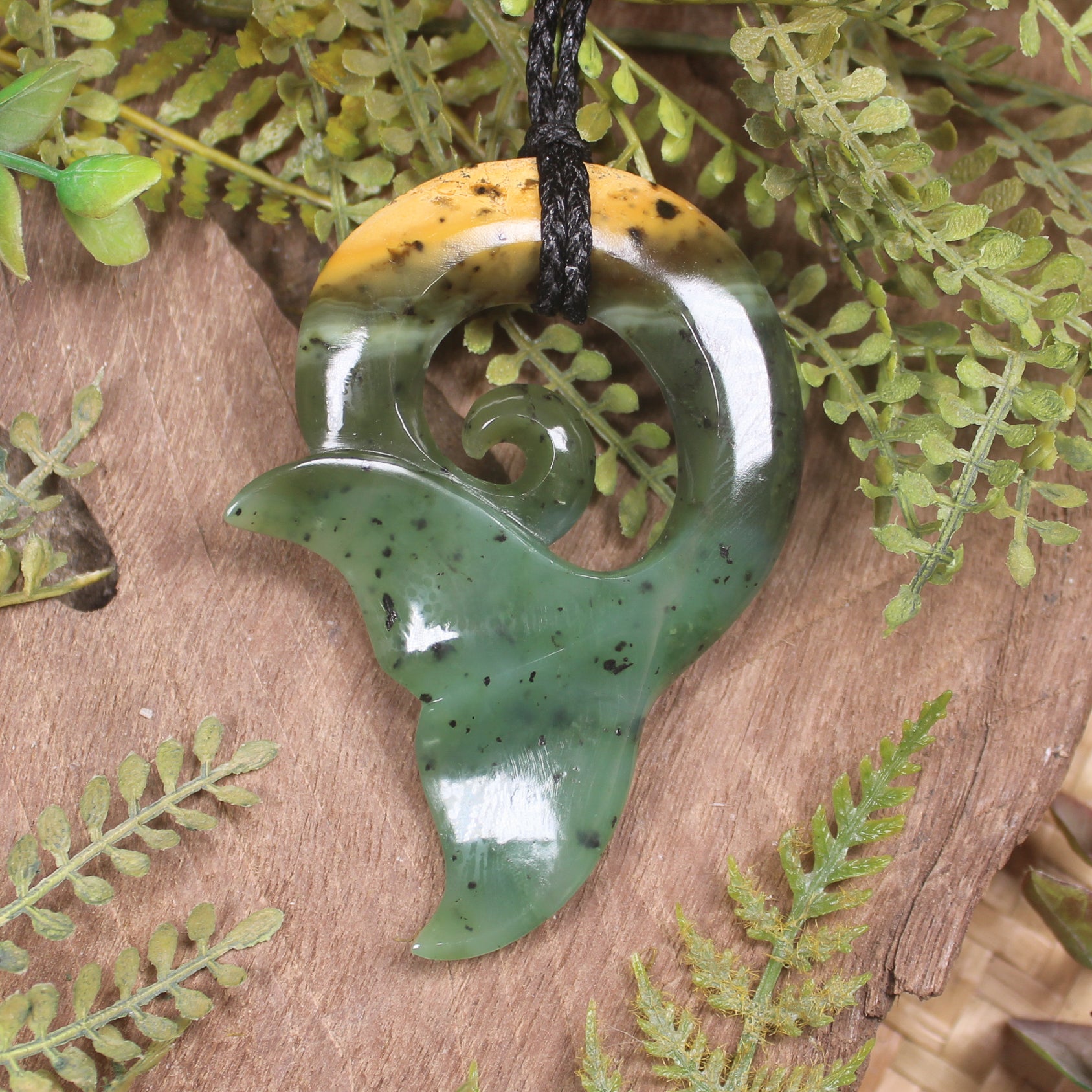 Whale Tail carved from Raukaraka Pounamu - NZ Greenstone