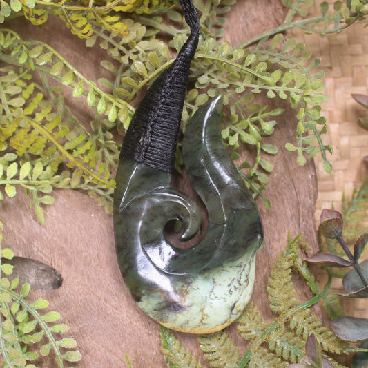 Hei Matau or Fish Hook carved from Rimu Pounamu - NZ Greenstone