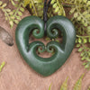 Heart with Koru carved from Kawakawa Pounamu - NZ Greenstone