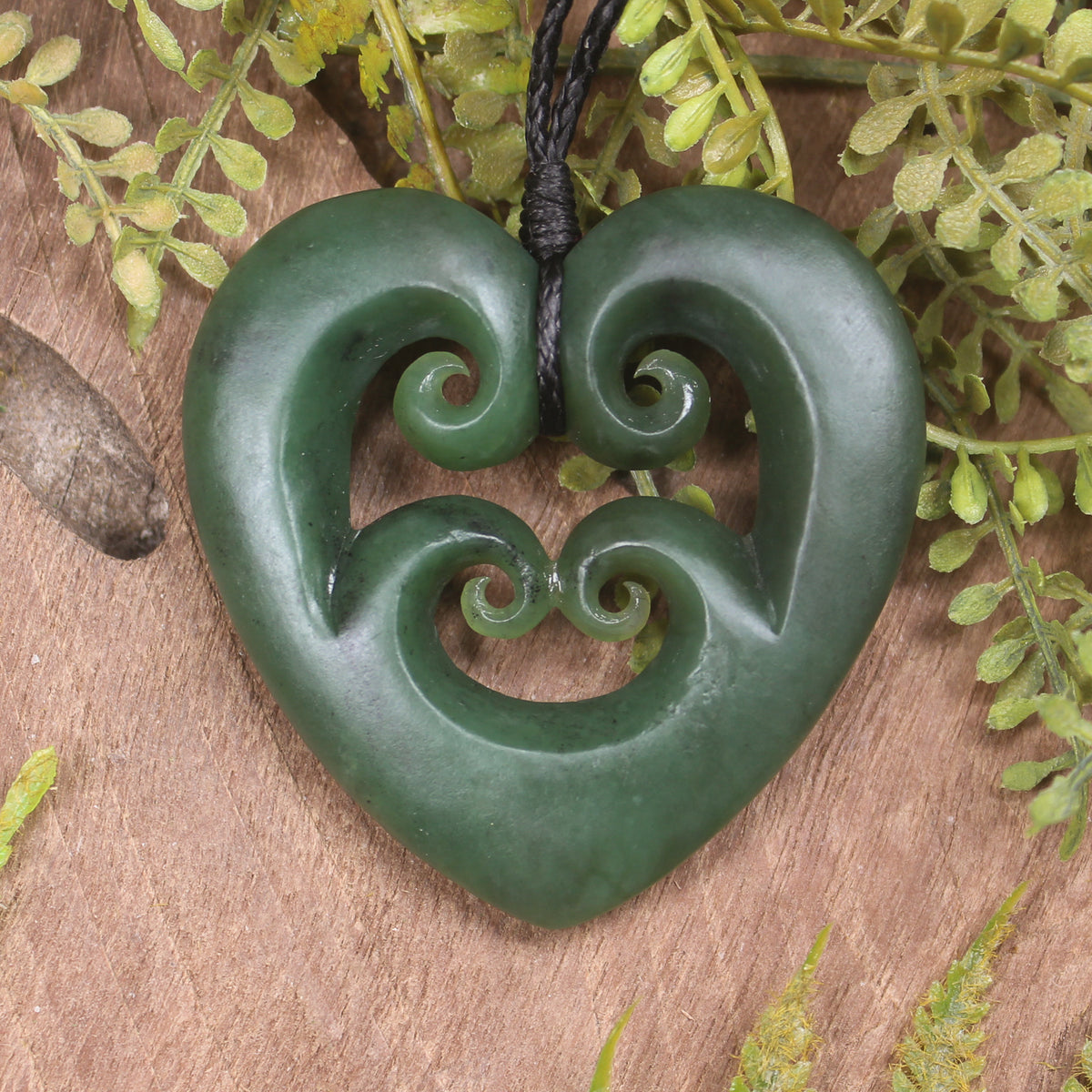 Heart with Koru carved from Kawakawa Pounamu - NZ Greenstone