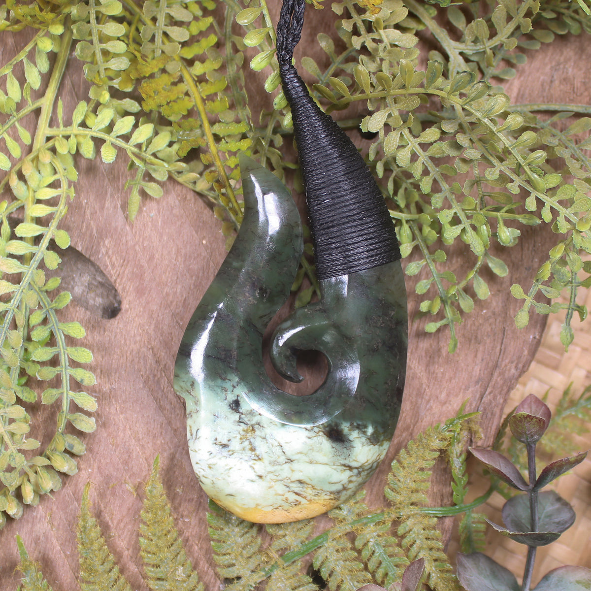 Hei Matau or Fish Hook carved from Rimu Pounamu - NZ Greenstone