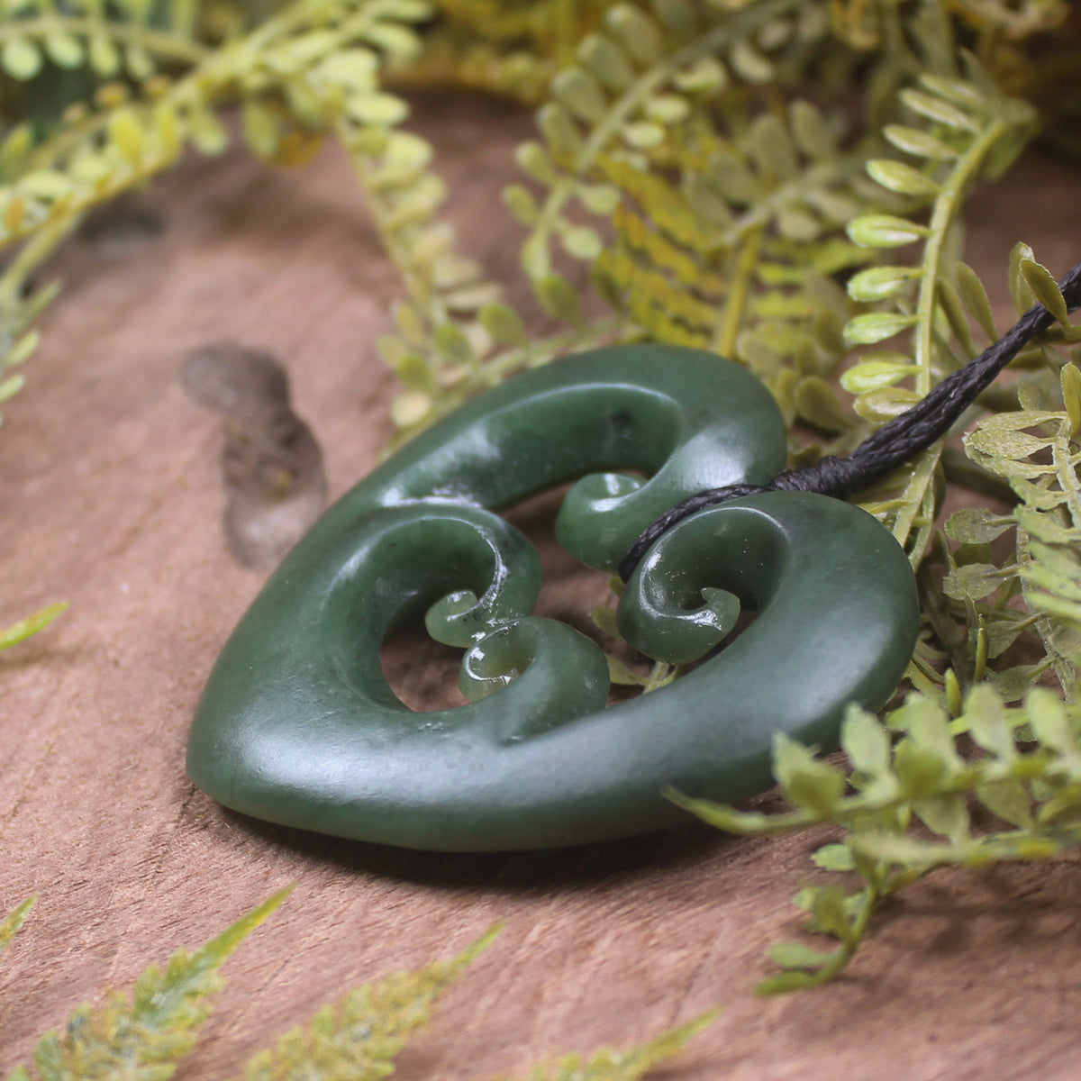 Heart with Koru carved from Kawakawa Pounamu - NZ Greenstone
