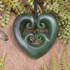 Heart with Koru carved from Kawakawa Pounamu - NZ Greenstone