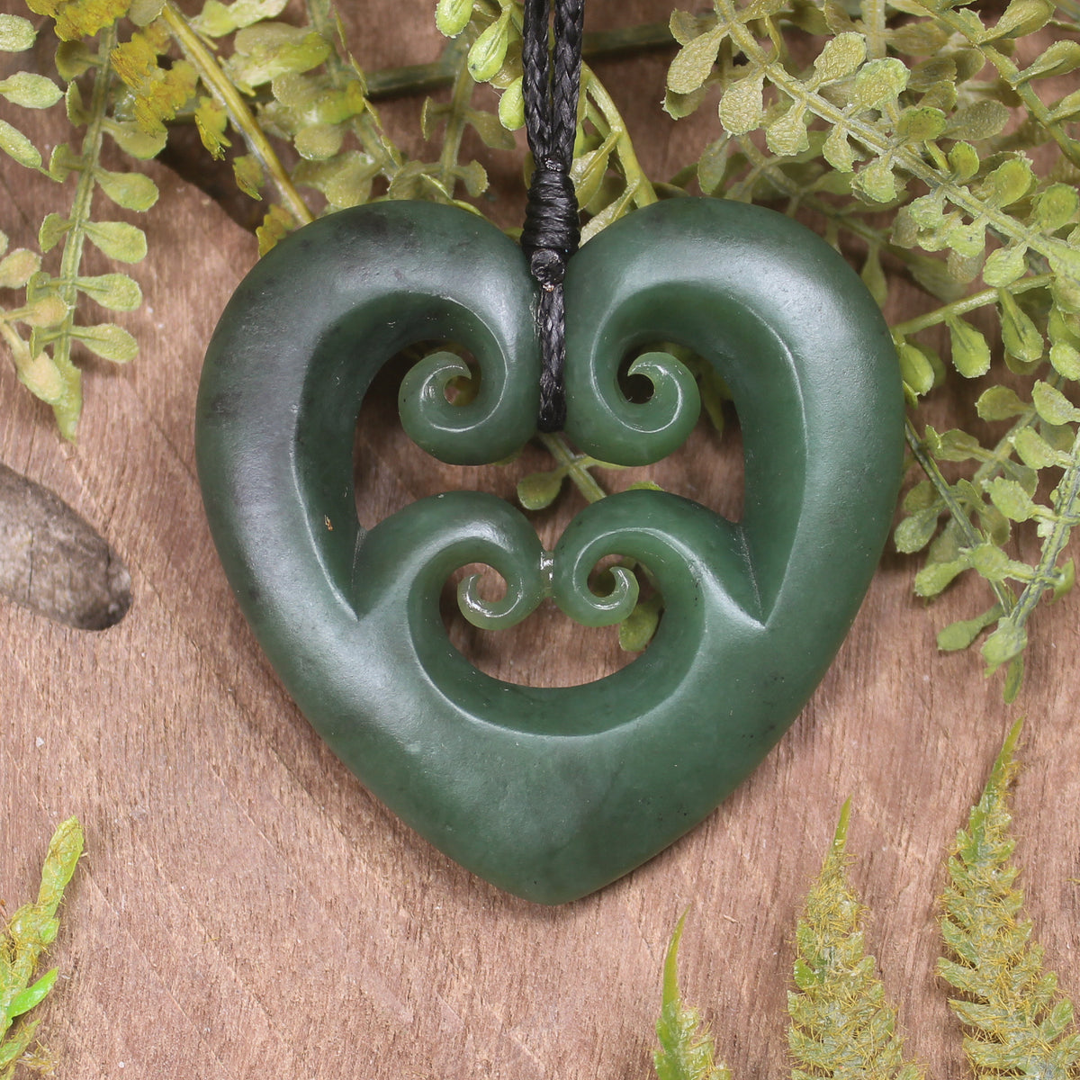 Heart with Koru carved from Kawakawa Pounamu - NZ Greenstone