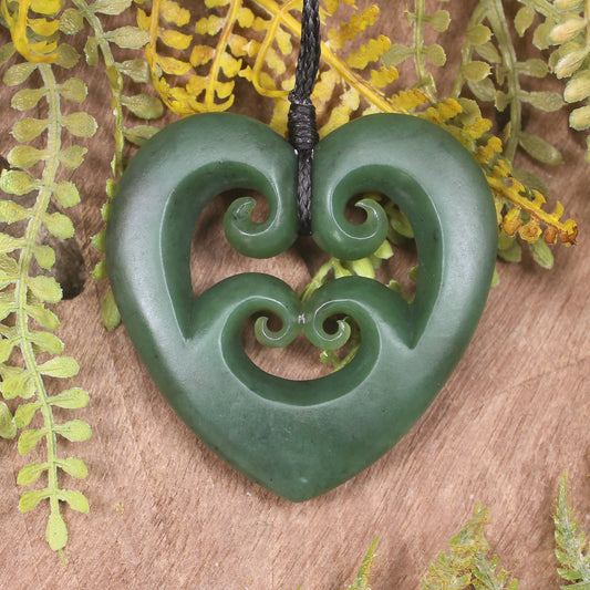 Heart with Koru carved from Hapopo Pounamu - NZ Greenstone
