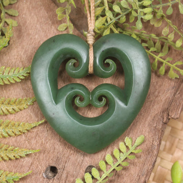 Heart with Koru carved from Hapopo Pounamu - NZ Greenstone