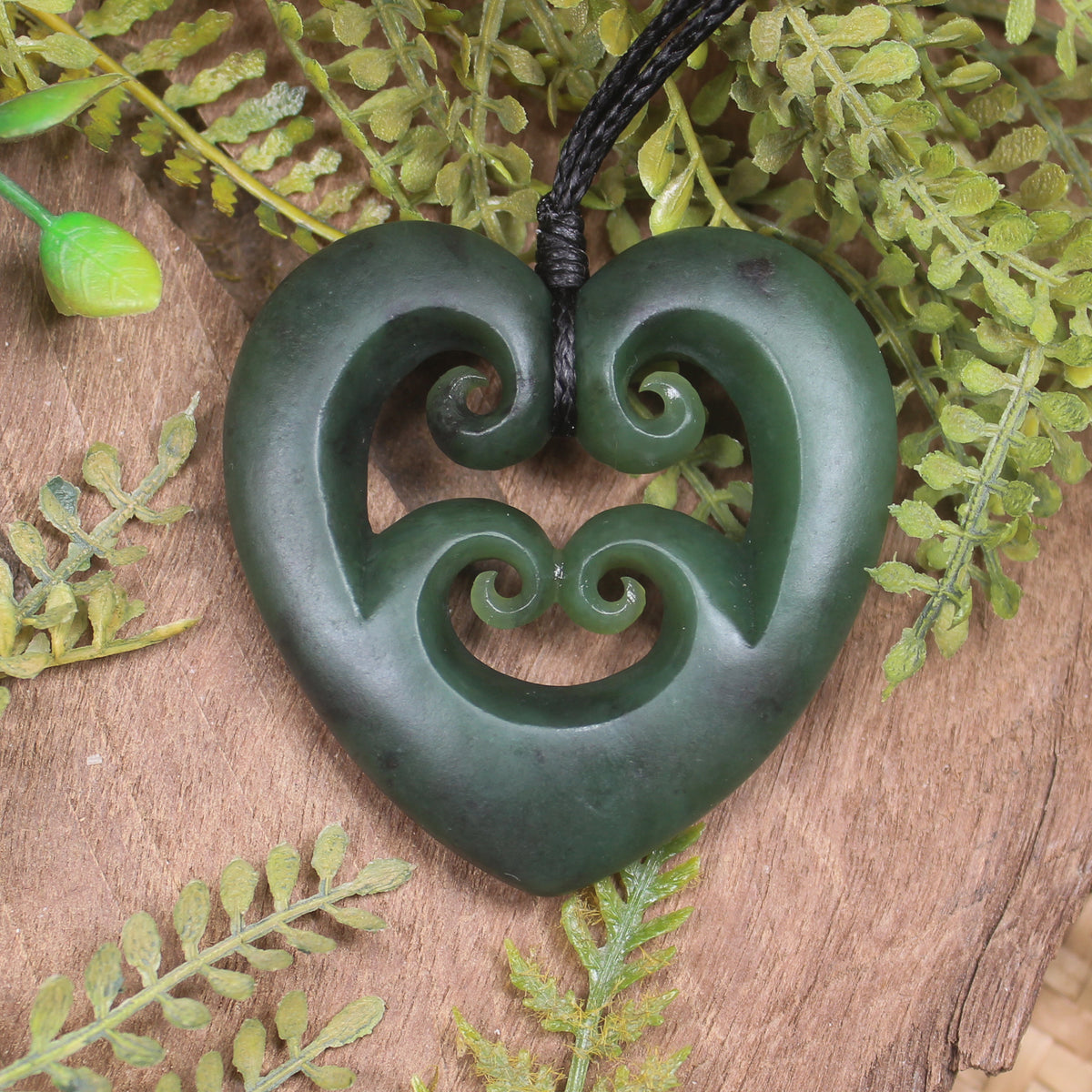 Heart with Koru carved from Kawakawa Pounamu - NZ Greenstone