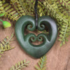 Heart with Koru carved from Kawakawa Pounamu - NZ Greenstone