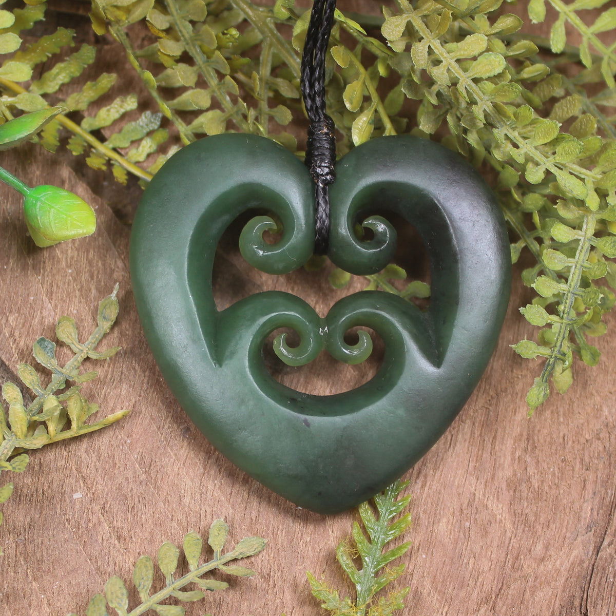 Heart with Koru carved from Kawakawa Pounamu - NZ Greenstone