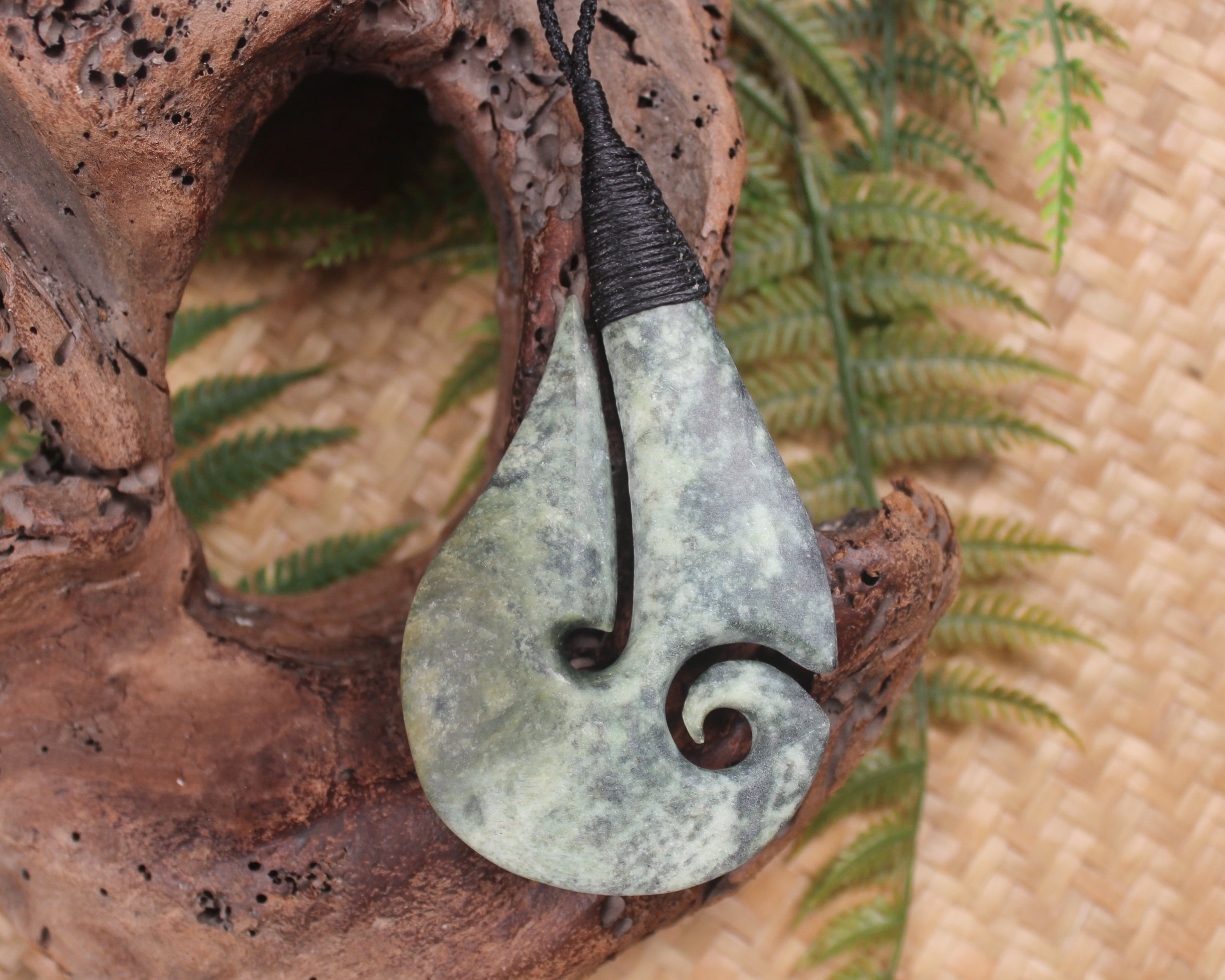 Hei Matau or Fish Hook carved from Rimu Pounamu - NZ Greenstone