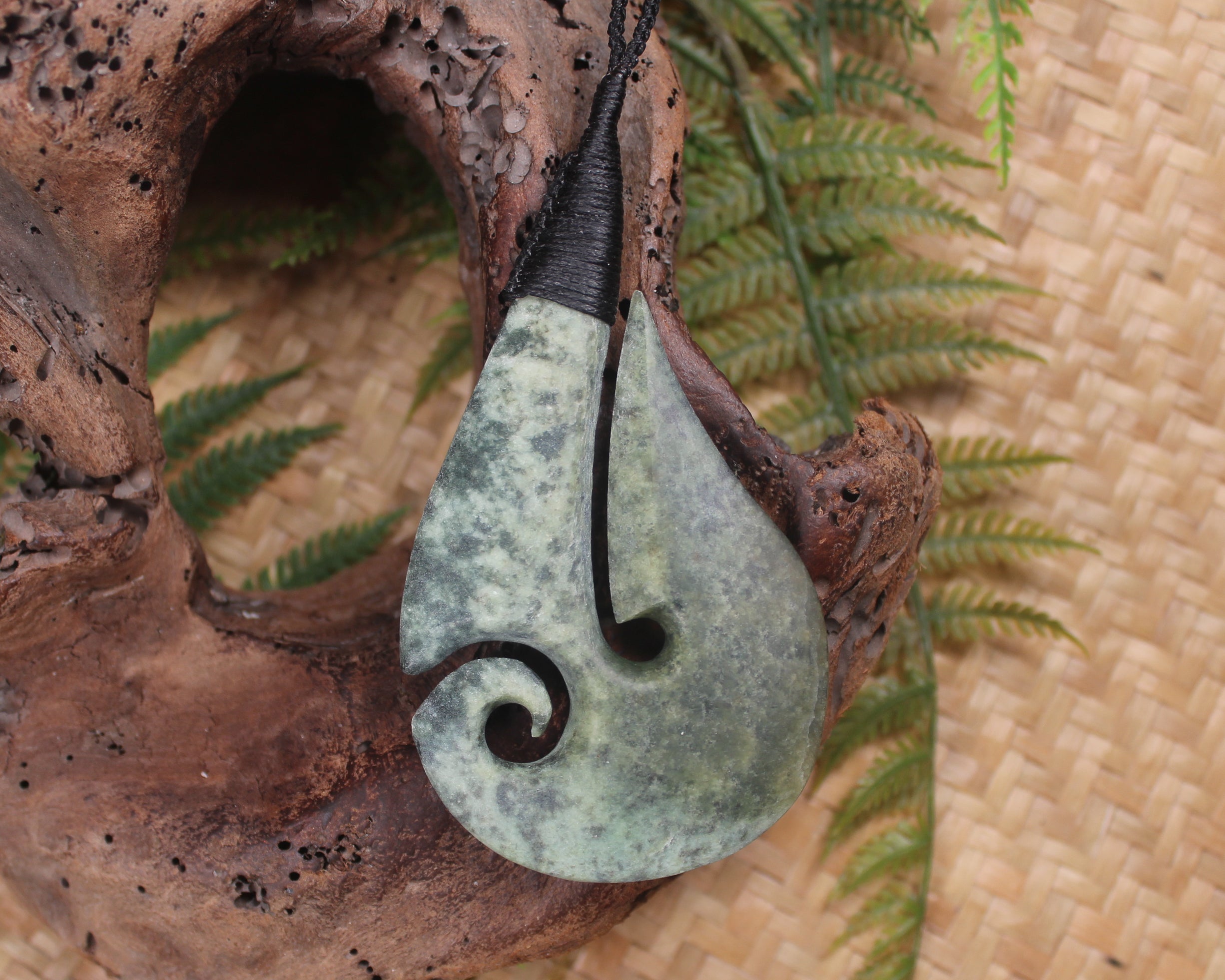 Hei Matau or Fish Hook carved from Rimu Pounamu - NZ Greenstone