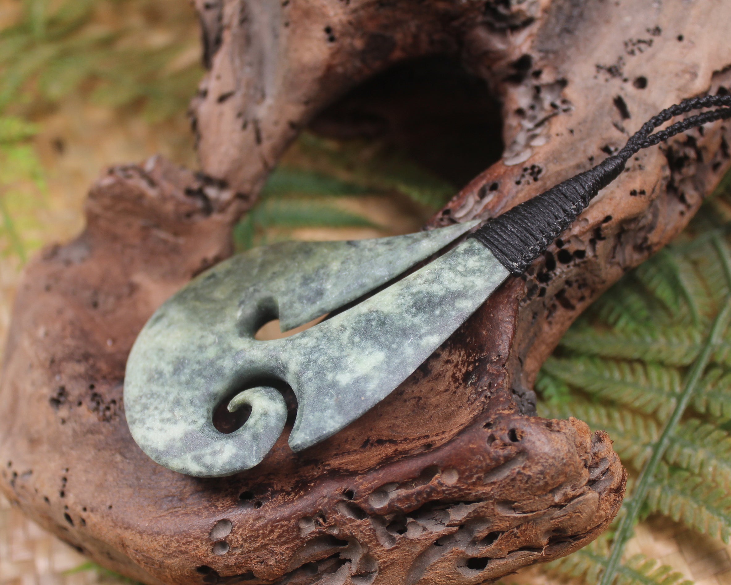 Hei Matau or Fish Hook carved from Rimu Pounamu - NZ Greenstone