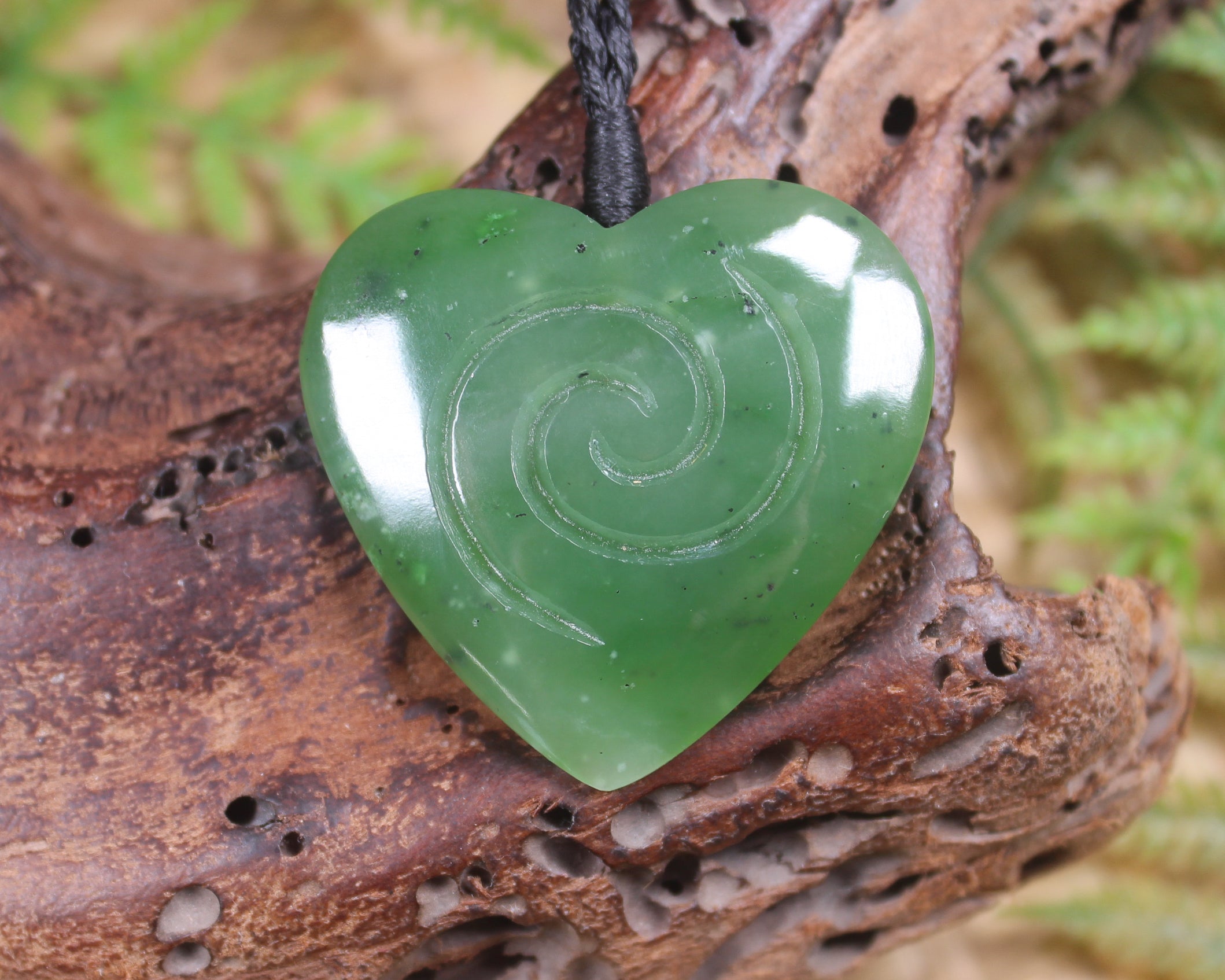 Heart with Koru carved from Hapopo Pounamu - NZ Greenstone