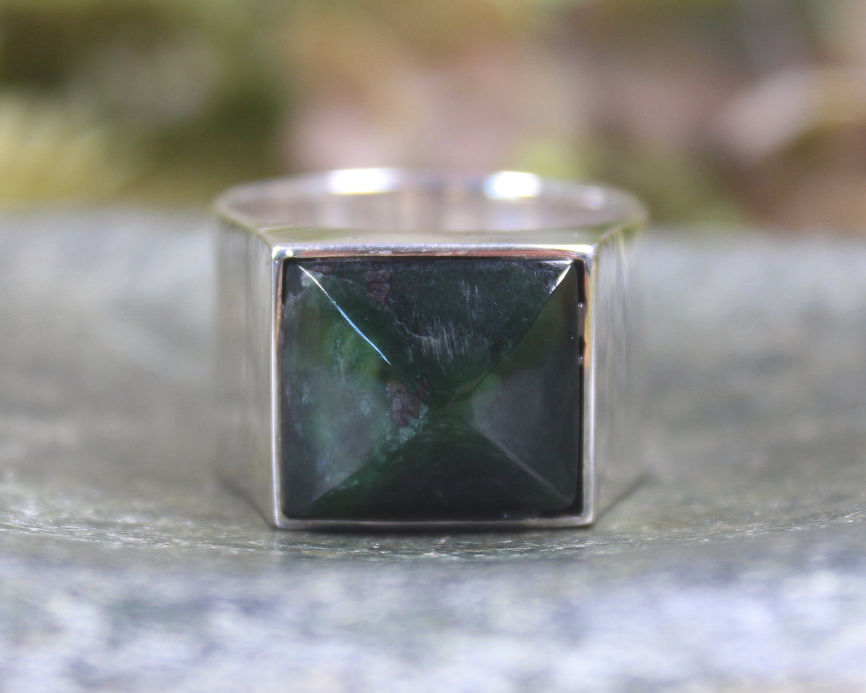 Sterling Silver Kawakawa Pounamu Ring - NZ Greenstone