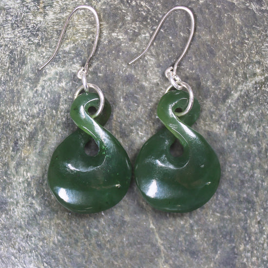 Twist Earrings carved from Kawakawa Pounamu - NZ Greenstone