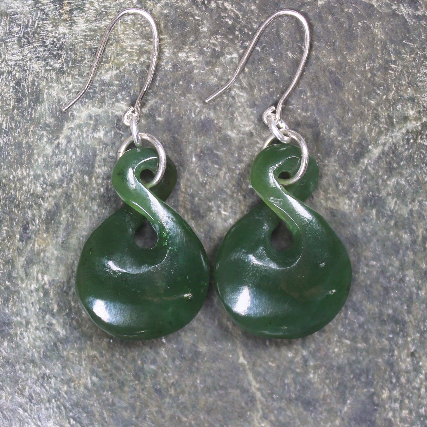 Twist Earrings carved from Kawakawa Pounamu - NZ Greenstone