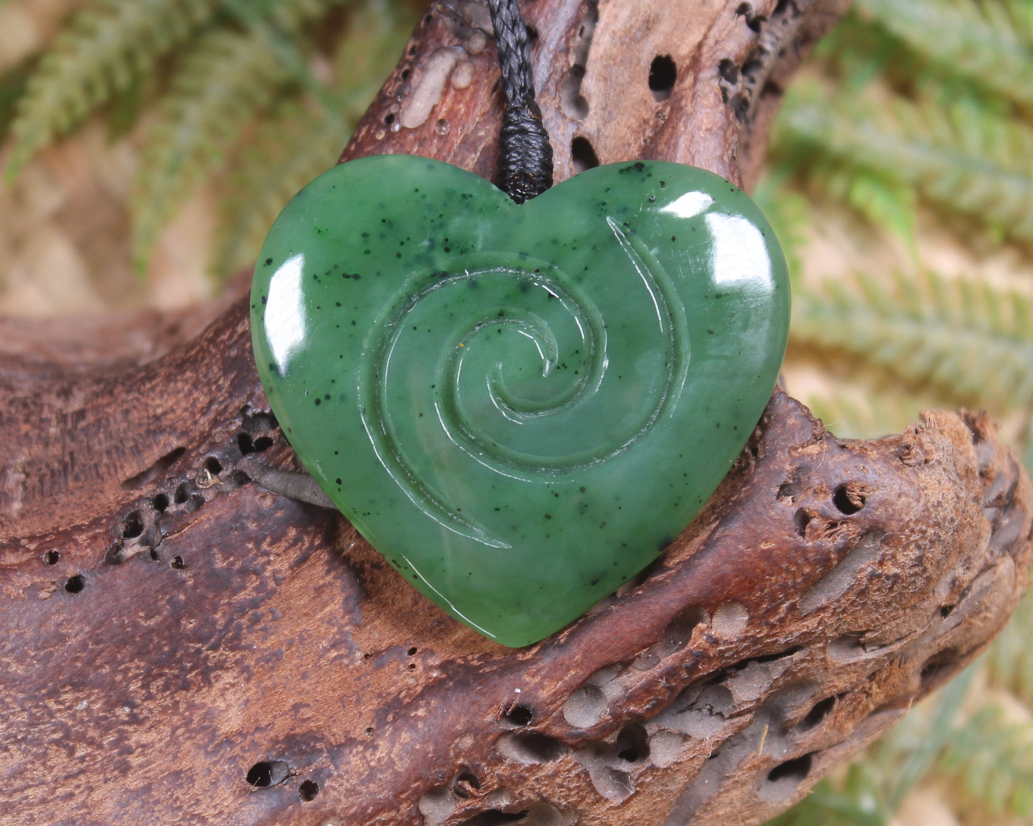 Heart with Koru carved from Hapopo Pounamu - NZ Greenstone