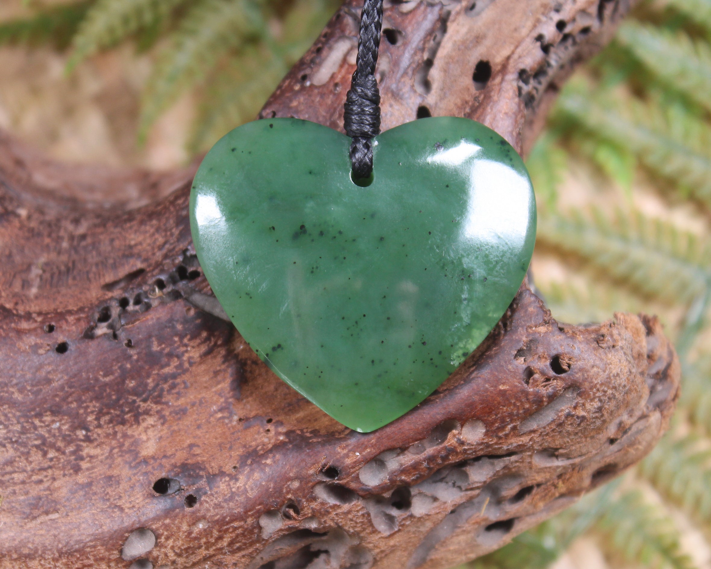 Heart with Koru carved from Hapopo Pounamu - NZ Greenstone