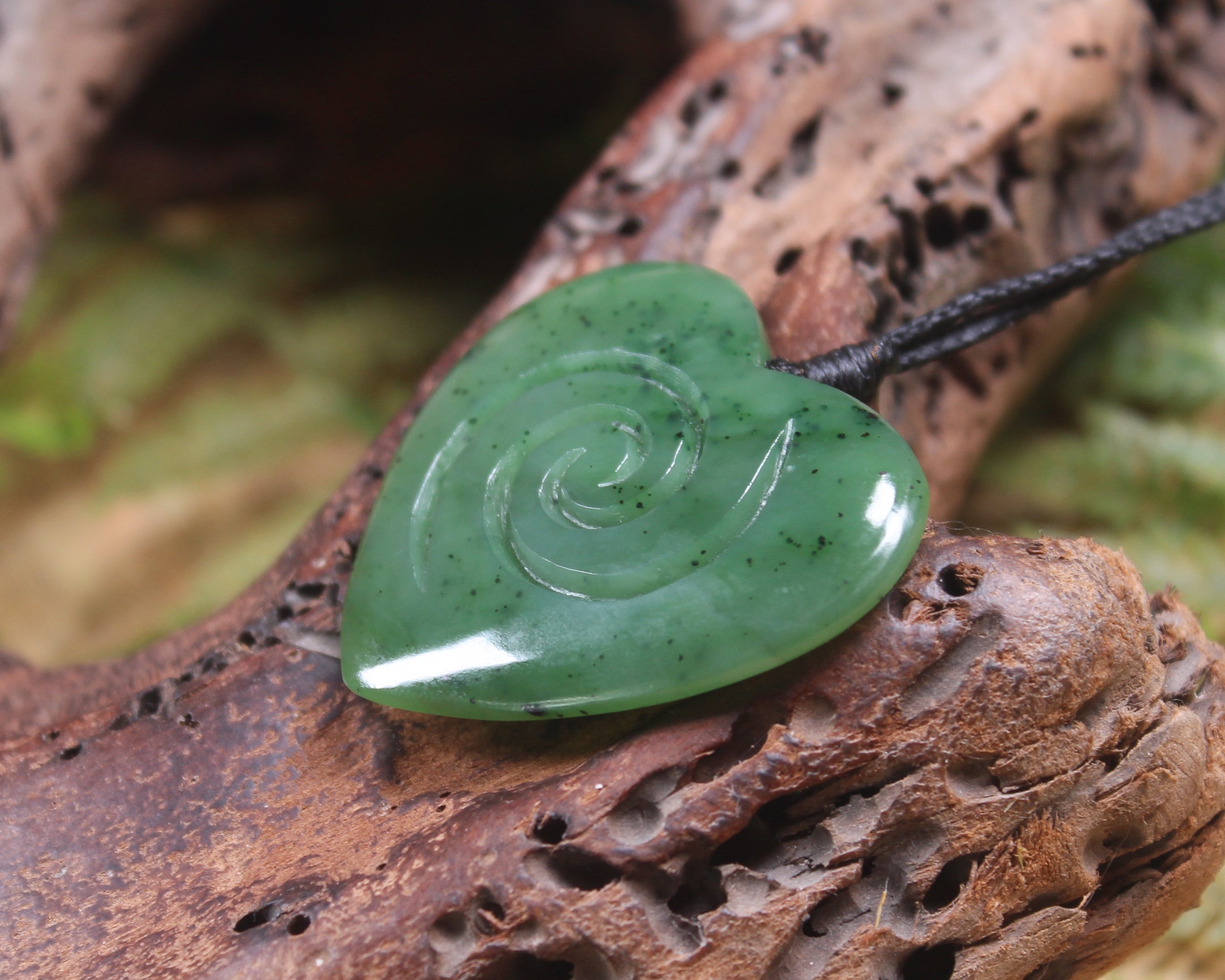 Heart with Koru carved from Hapopo Pounamu - NZ Greenstone