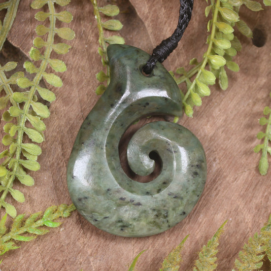 Hei Matau or Fish Hook carved from Rimu Pounamu - NZ Greenstone