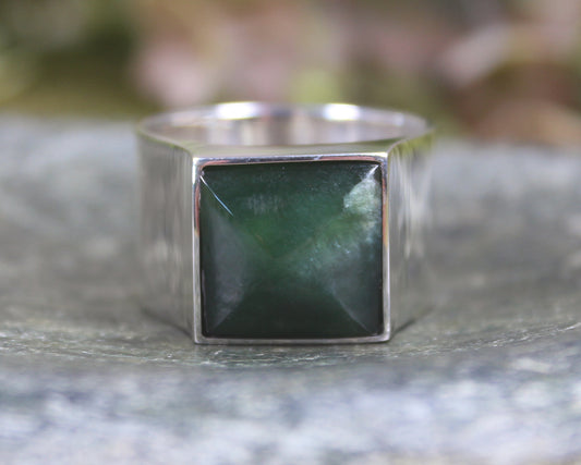 Sterling Silver Kawakawa Pounamu Ring - NZ Greenstone
