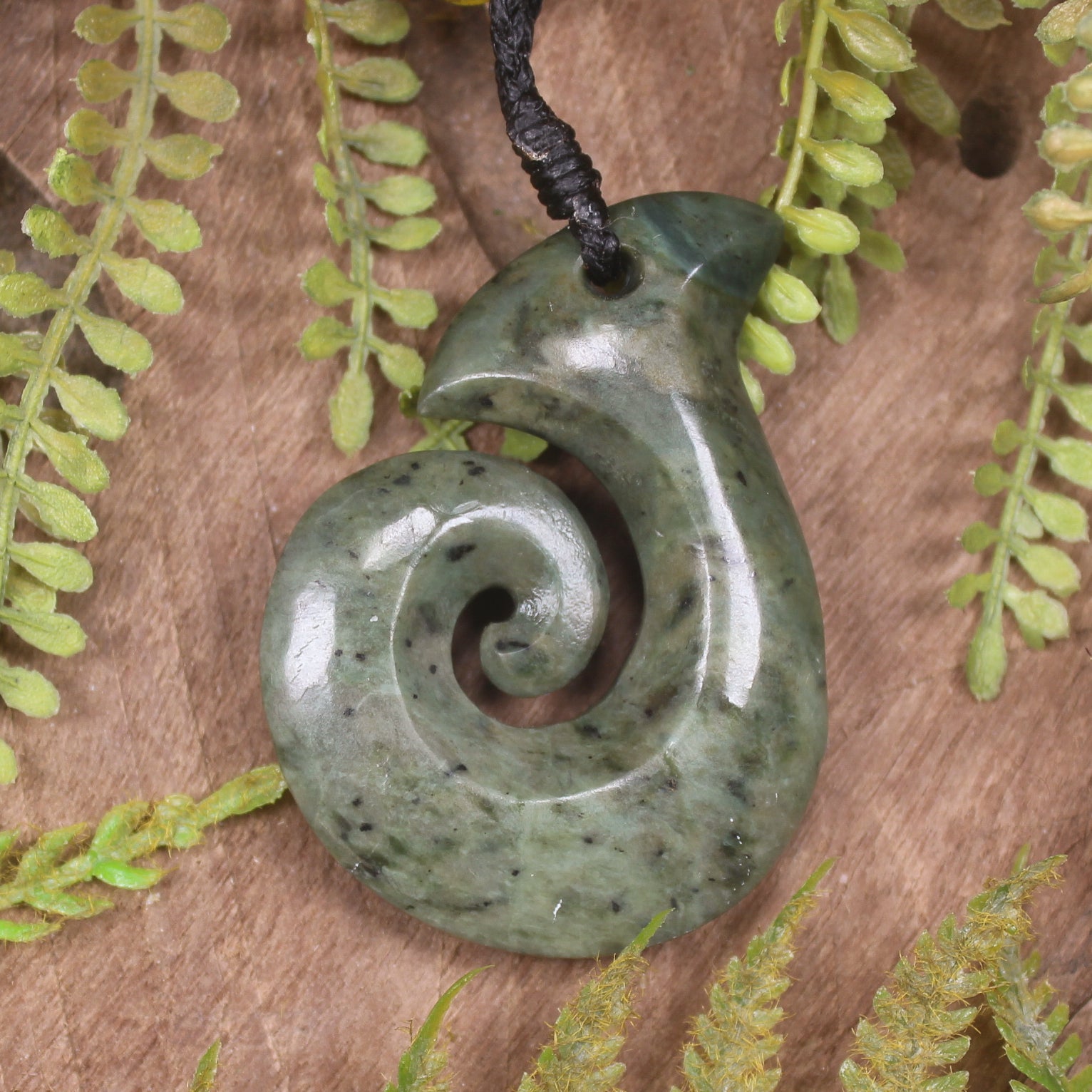 Hei Matau or Fish Hook carved from Rimu Pounamu - NZ Greenstone