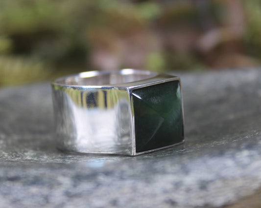 Sterling Silver Kawakawa Pounamu Ring - NZ Greenstone