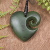 Heart with Koru carved from Kawakawa Pounamu - NZ Greenstone