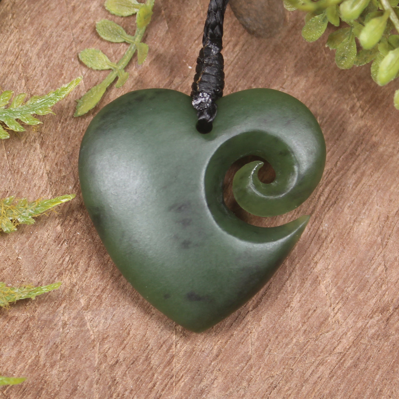 Heart with Koru carved from Kawakawa Pounamu - NZ Greenstone