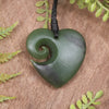 Heart with Koru carved from Kawakawa Pounamu - NZ Greenstone