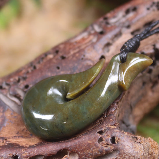 Hei Matau or Fish Hook carved from Totoweka Pounamu - NZ Greenstone