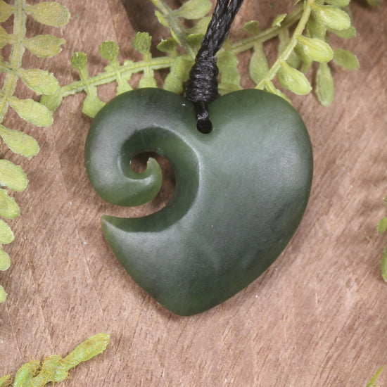 Heart with Koru carved from Hapopo Pounamu - NZ Greenstone