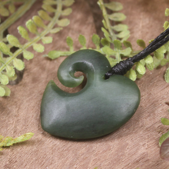 Heart with Koru carved from Hapopo Pounamu - NZ Greenstone