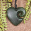 Heart with Koru carved from Kawakawa Pounamu - NZ Greenstone