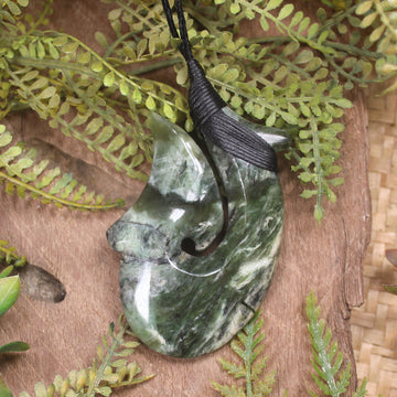 Hei Matau or Fish Hook carved from Rimu Pounamu - NZ Greenstone