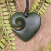 Heart with Koru carved from Kawakawa Pounamu - NZ Greenstone