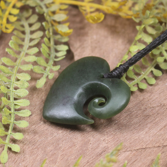 Heart with Koru carved from Kawakawa Pounamu - NZ Greenstone