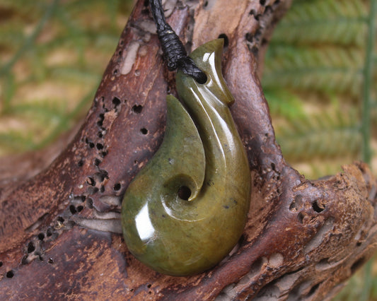 Hei Matau or Fish Hook carved from Totoweka Pounamu - NZ Greenstone