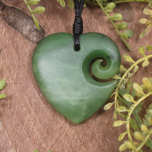 Heart with Koru carved from Hapopo Pounamu - NZ Greenstone