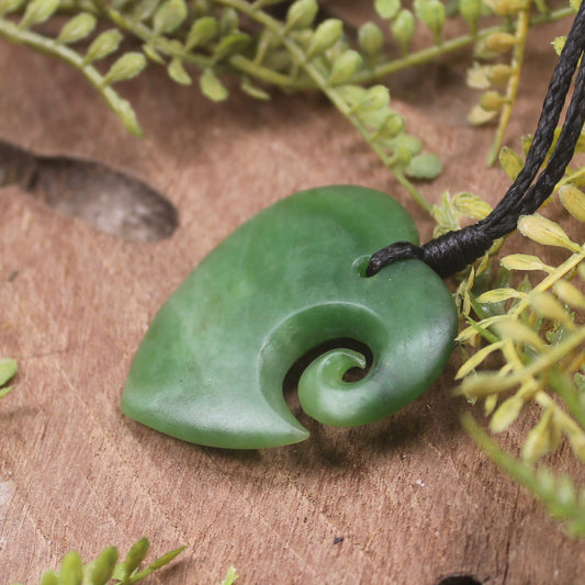 Heart with Koru carved from Hapopo Pounamu - NZ Greenstone