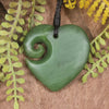Heart with Koru carved from Hapopo Pounamu - NZ Greenstone