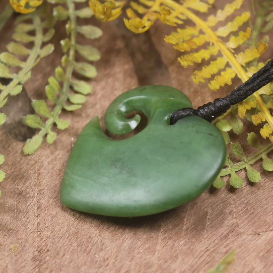 Heart with Koru carved from Hapopo Pounamu - NZ Greenstone