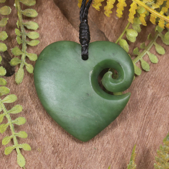 Heart with Koru carved from Hapopo Pounamu - NZ Greenstone