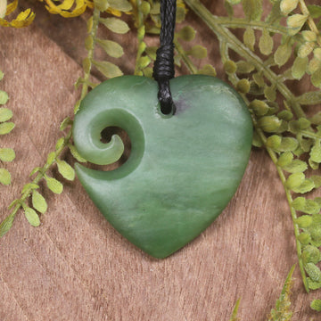 Heart with Koru carved from Hapopo Pounamu - NZ Greenstone