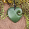 Heart with Koru carved from Hapopo Pounamu - NZ Greenstone