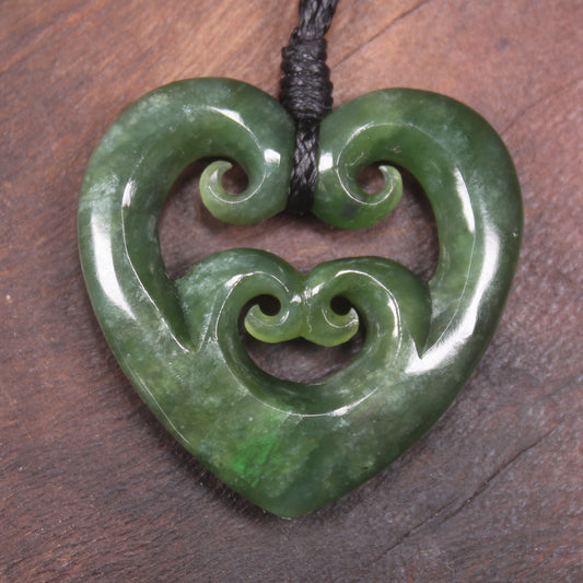 Heart with Koru carved from Kawakawa Pounamu - NZ Greenstone