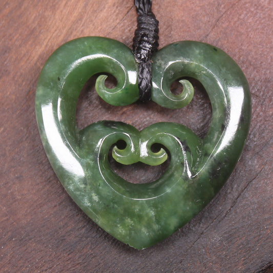 Heart with Koru carved from Kawakawa Pounamu - NZ Greenstone
