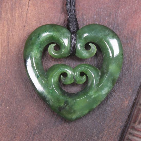 Heart with Koru carved from Kawakawa Pounamu - NZ Greenstone