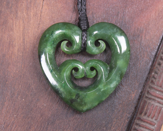 Heart with Koru carved from Kawakawa Pounamu - NZ Greenstone