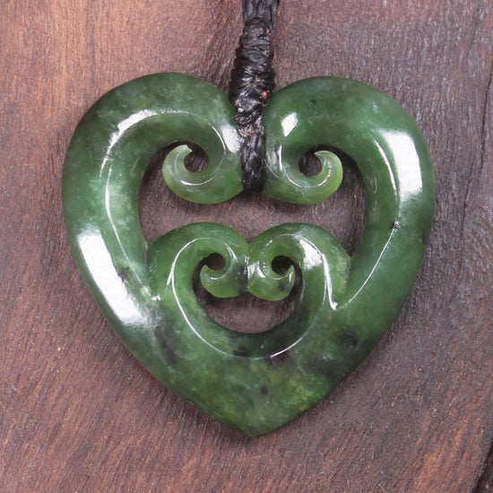 Heart with Koru carved from Kawakawa Pounamu - NZ Greenstone